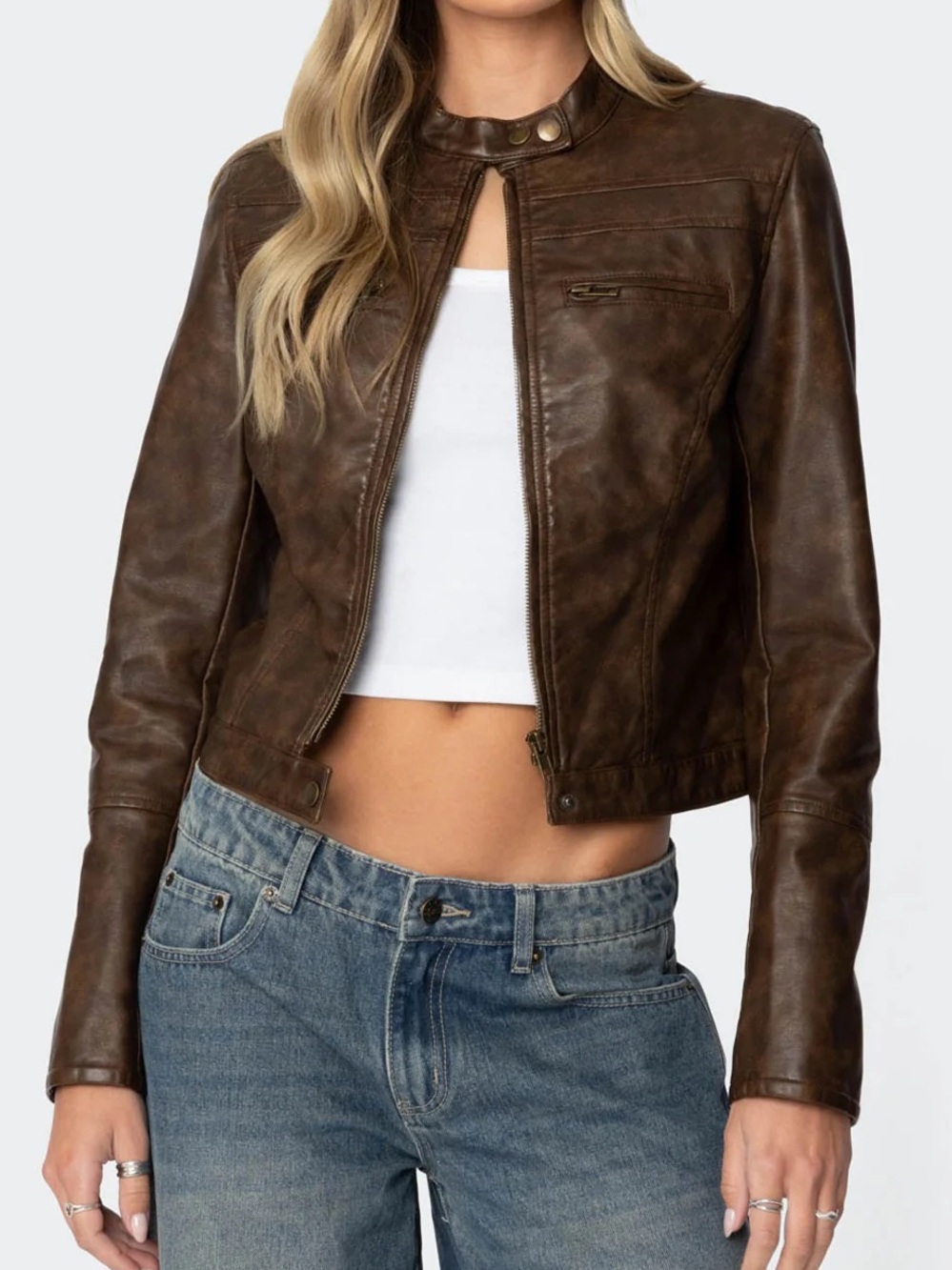 Edikted Rustic Brown Cropped Leather Jacket